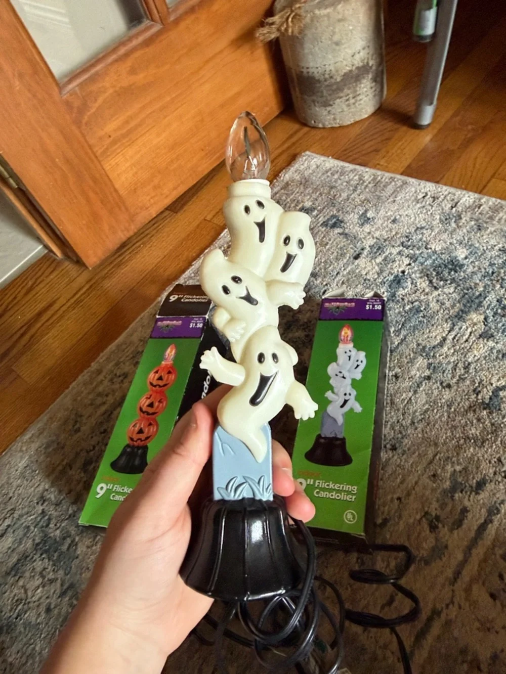 2 Vtg Blow Mold Electric Halloween Candlesticks Pumpkins & Ghosts